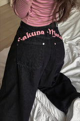 Embroidered Letter High Waist Wide Leg Jeans