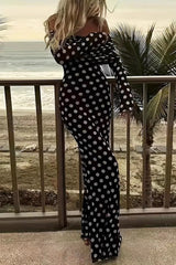 Off Shoulder Mesh Polka Dot Maxi Dress