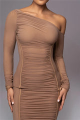 Diagonal Collar Mesh Midi Dress