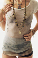 Sheer Distressed Graphic Fitted Short Sleeve T-Shirt