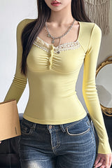 Knit Lace Trim Button Front Blouse