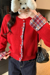 Red Plaid Contrast Round Neck Christmas Cardigan