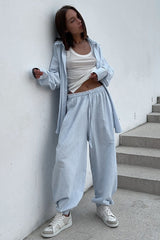 Striped Button Shirt Tie Waist Pants Set