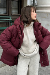Wine Red Belted Hooded Puffer Coat