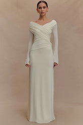 V Neck Long Sleeve Ruched High Waist Maxi Dress