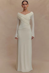 V Neck Long Sleeve Ruched High Waist Maxi Dress