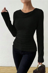 Ruched Cowl Neck Slim Knit Long Sleeve Tee