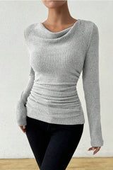 Ruched Cowl Neck Slim Knit Long Sleeve Tee