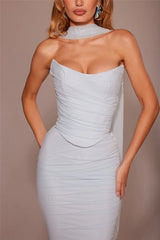 Wine Red Strapless Crop Top and Maxi Dress Set