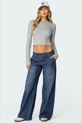 Blue Pinstripe Washed Wide Leg Jeans