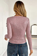 Sequin Crew Neck Fitted Long Sleeve T Shirt