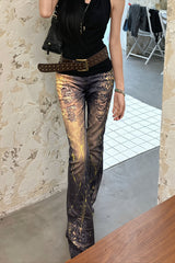 Washed Distressed Foil Print Slim Flare Jeans