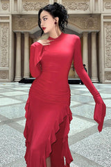 Ruffle Split Long Sleeve Maxi Dress