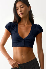Button Front Ribbed V Neck Fitted Crop Top