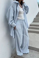 Striped Button Shirt Tie Waist Pants Set