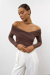 Ruched Cross Slim Bare-Shoulder Long Sleeve Tee