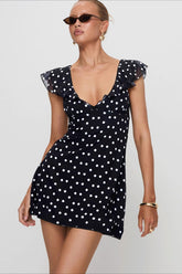 Polka Dot V-Neck Flutter Mini Dress