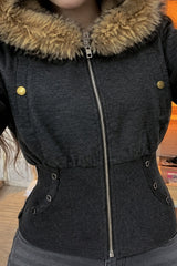 Corset Waist Fur Trim Zip Hoodie