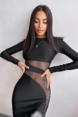 Mesh Panel Long Sleeve Maxi Dress