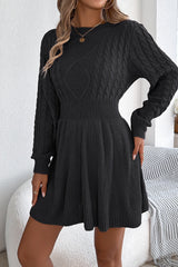 Solid Round Neck Chunk Cable Waisted Knit Mini Dress