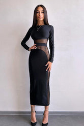 Mesh Panel Long Sleeve Maxi Dress