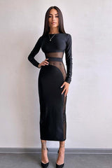 Mesh Panel Long Sleeve Maxi Dress