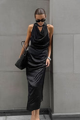 Black Satin Halter Maxi Dress
