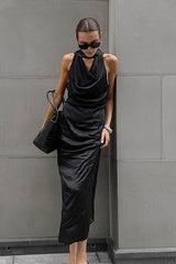 Black Satin Halter Maxi Dress