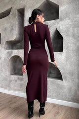 High Neck Ruched Split Midi Dress