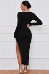 Chest Cutout Knot Fitted Long Sleeve Midi Dress