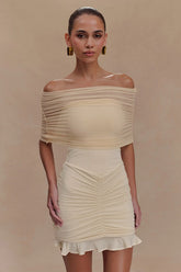 Ruched Ruffle Mesh Mini Dress