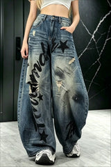 Distressed Letter Print Baggy Streetwear Jeans