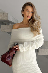 Off Shoulder Knit Bodycon Maxi Dress