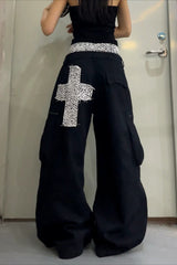 Leopard Cross Double Waist Cargo Jeans