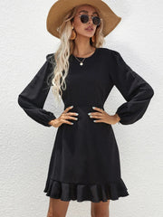 Ruffled Long-Sleeved Dress - Black