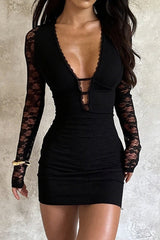 Lace Deep V-neck Long Sleeve Sexy Bodycon Mini Dress