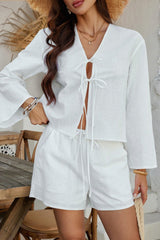 Casual Button Cardigan Beach Shorts Set