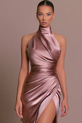 High Neck Draped Satin Slit Formal Dress