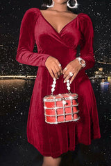 Velvet Solid Long Sleeve V-neck Midi Dress