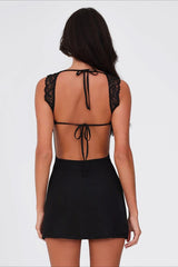 Lace Panel Backless Tie Mini Dress