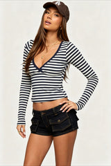 Striped Deep V Neck Fitted Long Sleeve T-Shirt