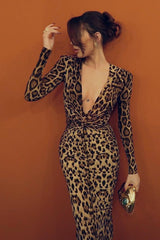 Leopard Knot Front Long Sleeve Maxi Dress