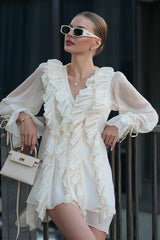 Chiffon Lantern Sleeve Tie Midi Dress