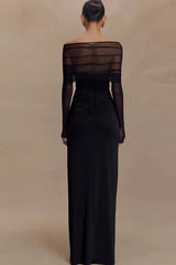 Mesh Patchwork See-Through Full Sleeve Slash Neck Maxi Dress