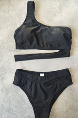 One Shoulder Side Hollow Out Two Piece Swim Set