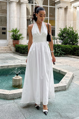 Halter Tie Waist Full Skirt Cotton Maxi Dress