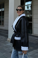 Belted Longline Shearling Faux Leather Coat