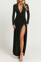Deep V Ruched Long Sleeve Slit Fitted Waist Maxi Dress