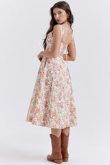 Spaghetti Strap Floral Ruched Midi Dress