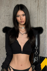 Goth Street Style Fuzzy Panel Zip Cropped Hoodie